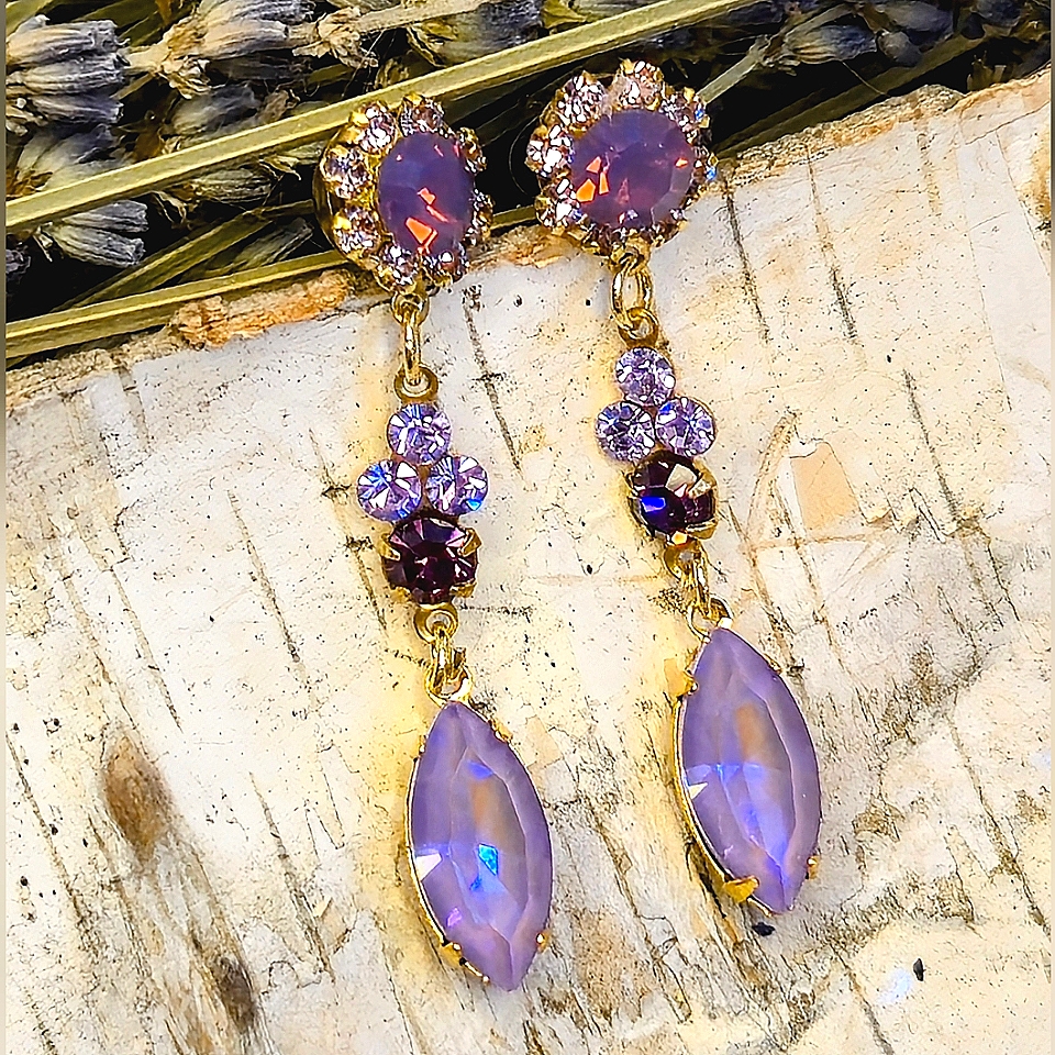Dainty & Ornate Purple & Lavender Ab Crystals In Gold Plated Earrings